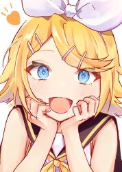 Rule 34 | 1girl, bare shoulders, blonde hair, blue eyes, bow, hair bow, hair ornament, hairclip, hands on own cheeks, hands on own face, hands up, heart, inubangarou, kagamine rin, light blush, looking at viewer, medium hair, neckerchief, open mouth, portrait, sailor collar, simple background, smile, solo, swept bangs, upper body, vocaloid, white background, yellow neckerchief