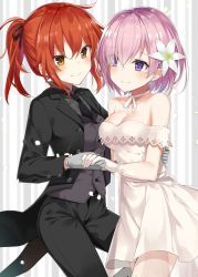 Rule 34 | 2girls, alternate costume, bare shoulders, black jacket, black neckwear, black pants, black ribbon, breasts, choker, cleavage, closed mouth, cowboy shot, dress, earrings, eye contact, eyes visible through hair, fate/grand order, fate (series), flower, formal, fujimaru ritsuka (female), fujimaru ritsuka (female) (royal brand), gloves, grey gloves, hair flower, hair ornament, hair over one eye, hair ribbon, hand on another&#039;s back, holding hands, jacket, jewelry, long sleeves, looking at another, mash kyrielight, mash kyrielight (formal dress), medium breasts, multiple girls, necktie, official alternate costume, open clothes, open jacket, orange hair, pant suit, pants, petals, pink hair, ponytail, purple eyes, ribbon, ribbon choker, short hair, smile, standing, striped, striped background, stud earrings, suit, takehana note, tareme, vertical stripes, white choker, white dress, wing collar, yellow eyes, yuri