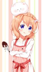 Rule 34 | 1girl, :q, animal, animal on head, apron, bad id, bad pixiv id, blonde hair, blush, chocolate, chocolate on face, collarbone, crossed arms, deyui, food, food on face, gochuumon wa usagi desu ka?, hair between eyes, hair bobbles, hair ornament, highres, holding, hoto cocoa, long hair, looking at viewer, on head, pink apron, purple eyes, rabbit, rabbit on head, red ribbon, ribbon, shirt, solo, striped apron, striped background, striped clothes, tippy (gochiusa), tongue, tongue out, upper body, vertical-striped apron, vertical-striped clothes, white shirt