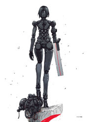 Rule 34 | 1girl, android, arm cannon, artbook, black hair, blame!, bodysuit, damaged, defeat, from behind, full body, graviton beam emitter, greyscale, hair between eyes, high heels, highres, joints, long legs, mechanical legs, monochrome, nihei tsutomu, oil, robot, robot joints, safeguard (blame!), sanakan, short hair, silicon creature (blame!), spine, spot color, weapon