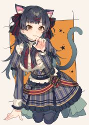 Rule 34 | 1girl, animal ear fluff, animal ears, arm support, black hair, blue dress, blunt bangs, blush, bow, breasts, brown eyes, cat ears, closed mouth, dot nose, dress, fake animal ears, fake tail, frilled dress, frills, hair bow, hair ornament, hair ribbon, hairclip, hand up, idolmaster, idolmaster shiny colors, kneeling, kurotea, long hair, long sleeves, looking at viewer, mayuzumi fuyuko, medium breasts, orange background, paw pose, puffy long sleeves, puffy sleeves, ribbon, smile, solo, star (symbol), starry background, striped clothes, striped dress, striped ribbon, tail, two-tone ribbon, two side up