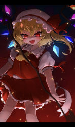 Rule 34 | 1girl, ascot, back bow, blonde hair, bow, breasts, collarbone, collared shirt, commentary request, cowboy shot, crystal, dark background, fang, flandre scarlet, frilled shirt collar, frilled skirt, frills, gomi (fuziya strawberry-tart), gradient background, hair between eyes, hat, hat ribbon, highres, laevatein (touhou), letterboxed, medium hair, mob cap, multicolored wings, open mouth, puffy short sleeves, puffy sleeves, red background, red eyes, red ribbon, red skirt, red vest, ribbon, shirt, short sleeves, side ponytail, skirt, skirt set, small breasts, solo, touhou, vest, white bow, white hat, white shirt, wings, yellow ascot