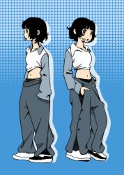 1girl black_eyes black_hair chain-link_fence crop_top fence halftone halftone_background hands_in_pockets highres icecream_juba midriff mouth_hold multiple_girls navel original pants polka_dot polka_dot_background shirt short_hair standing white_shirt