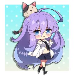 Rule 34 | 1girl, absurdres, ahoge, animal, animal on head, black necktie, black skirt, black socks, blue eyes, blue hair, blush, breasts, cat, chibi, cleavage, closed mouth, collared shirt, commentary request, dress shirt, food, full body, fuyou-chan, gradient hair, hair between eyes, highres, holding, holding food, long hair, long sleeves, looking at viewer, medium breasts, milkpanda, multicolored hair, navel, necktie, no shoes, off shoulder, on head, original, panties, popsicle, purple hair, shirt, short eyebrows, skirt, sleeves past fingers, sleeves past wrists, socks, solo, thick eyebrows, tongue, tongue out, underwear, very long hair, walking, white panties, white shirt