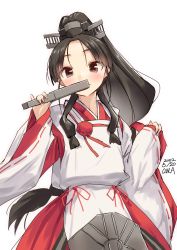 Rule 34 | 1girl, artist name, black hair, brown eyes, commentary request, dated, closed eyes, folding fan, hair tie, hakama, hand fan, high ponytail, highres, japanese clothes, kantai collection, kariginu, long hair, looking at viewer, miko, multi-tied hair, nisshin (kancolle), one-hour drawing challenge, owa (ishtail), red hakama, red ribbon, ribbon, ribbon-trimmed sleeves, ribbon trim, short eyebrows, simple background, solo, thick eyebrows, very long hair, white background