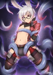 Rule 34 | 1boy, animal ears, arms behind back, artist name, warrior of light (ff14), belt, black shorts, brown belt, brown thighhighs, bulge, clenched teeth, commentary, commission, gaothun, glasses, grey hair, highres, jacket, long sleeves, male focus, male underwear, navel, nipples, open clothes, open jacket, original, parted lips, pectorals, rabbit boy, rabbit ears, raised eyebrows, red eyes, red jacket, restrained, short hair, shorts, solo, spread legs, stomach, taiyo akari, teeth, tentacle pit, tentacles, tentacles on male, thighhighs, torn clothes, torn jacket, underwear