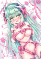 Rule 34 | 1girl, :d, absurdres, bow, breasts, cleavage, cowboy shot, fate/grand order, fate (series), flower, green hair, hair bow, hands on own face, highres, kiyohime (fate), large breasts, long hair, looking at viewer, martinreaction, naked ribbon, navel, open mouth, pink bow, pink ribbon, ribbon, signature, smile, solo, yellow eyes