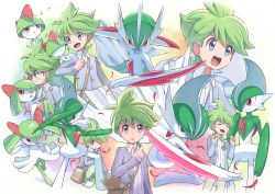 Rule 34 | absurdres, bag, buttons, cardigan, closed mouth, collared shirt, commentary request, creatures (company), evolutionary line, gallade, game freak, gen 3 pokemon, gen 4 pokemon, green hair, green pants, grey cardigan, grey eyes, hand up, highres, holding, jewelry, kirlia, mega gallade, mega pokemon, multiple views, necklace, nintendo, one eye closed, open mouth, pants, pokemoa, pokemon, pokemon (creature), pokemon oras, ralts, shirt, shoes, shoulder bag, smile, teeth, tongue, upper teeth only, wally (pokemon), white footwear, white shirt