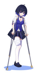 Rule 34 | 1girl, absurdres, ahoge, amputee, bandages, black footwear, black skirt, blue eyes, blue hair, blue vest, bob cut, breasts, cleavage, crutch, crying, crying with eyes open, full body, highres, honkai (series), honkai impact 3rd, medium breasts, neprbq, open mouth, seele vollerei, seele vollerei (swallowtail phantasm), shadow, shirt, short hair, short sleeves, simple background, single thighhigh, skirt, solo, standing, standing on one leg, tattoo, tears, thighhighs, toes, vest, white background, white shirt, white thighhighs