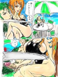 Rule 34 | 1boy, 1girl, ass, bare arms, bare shoulders, breasts, cleavage, clothed sex, comic, curvy, gmotida, green hair, handjob, hands on own hips, hetero, high heels, hip focus, huge breasts, large breasts, nami (one piece), one piece, orange hair, roronoa zoro, sequential, sex, sketch, smile, tattoo, text focus, thick thighs, thighs, uncensored, wide hips