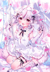 Rule 34 | 1girl, blush, bow, bridal gauntlets, commentary, dress, frilled dress, frills, gloves, grey hair, guild cq, hair bow, highres, holding, holding needle, intravenous drip, kurenagi eri, long hair, mata, multicolored hair, needle, open mouth, pink eyes, pink hair, smile, solo, streaked hair, symbol-only commentary, twintails, white bow, white dress, white footwear, white gloves