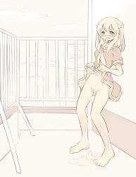 Rule 34 | 1girl, balcony, barefoot, blush, bow, breasts, building, clothes lift, cloud, dress, dress lift, hair bow, highres, kamome shop, long hair, looking down, medium breasts, monochrome, navel, neckerchief, no panties, open mouth, peeing, pussy, railing, school uniform, short sleeves, sky, standing, twintails, uncensored, wall