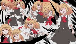 Rule 34 | 1girl, black skirt, black vest, blonde hair, claws, collared shirt, darkness, evil grin, evil smile, grin, hair between eyes, hair ribbon, highres, long hair, medium hair, multiple views, open mouth, red eyes, red ribbon, ribbon, rumia, shinmon akika, shirt, sketch, skirt, smile, smirk, tongue, tongue out, torn clothes, torn sleeves, touhou, vest, white shirt