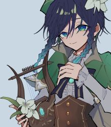 Rule 34 | 1boy, black bow, black bowtie, black hair, bow, bowtie, braid, brown corset, buttons, capelet, clip studio paint (medium), corset, flower, genshin impact, green capelet, green eyes, green headwear, highres, holding, holding instrument, instrument, long sleeves, looking at viewer, lyre, mikaalpha293, puffy sleeves, shirt, simple background, smile, solo, twin braids, venti (genshin impact), white shirt