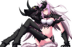 Rule 34 | 1girl, absurdres, agrius metamorphosis, ahoge, animal ears, atalanta alter (fate), atalanta (fate), belt collar, breasts, claws, collar, fate/grand order, fate (series), fur, green eyes, grey hair, hand on own face, highres, long hair, looking at viewer, medium breasts, multicolored hair, multiple tails, murasaki tachi, navel, pink hair, sidelocks, simple background, sitting, slit pupils, solo, tail, thighhighs, two-tone hair, two tails, white background