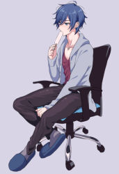 Rule 34 | 1boy, akiyoshi (tama-pete), black pants, blue eyes, blue hair, dog tags, ear piercing, food, food in mouth, from side, full body, grey jacket, hand on chair, holding, holding food, holding popsicle, jacket, kaito (vocaloid), light blush, loose clothes, loose shirt, male focus, messy hair, on chair, open clothes, open jacket, pants, piercing, popsicle, popsicle in mouth, purple shirt, shirt, simple background, sitting, slippers, solo, vocaloid