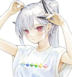 Rule 34 | 1girl, black horns, closed mouth, commentary request, dmith, dragon horns, fate/grand order, fate (series), hand up, highres, horns, kiyohime (fate), looking at viewer, parted bangs, ponytail, red eyes, shirt, sidelocks, simple background, solo, t-shirt, upper body, white background, white hair, white shirt