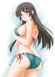 Rule 34 | 1girl, akimoto dai, artist name, ass, bikini, black hair, brown eyes, butt crack, choukai (kancolle), commentary request, cowboy shot, dated, glasses, green bikini, highres, kantai collection, long hair, looking at viewer, looking back, one-hour drawing challenge, rimless eyewear, side-tie bikini bottom, solo, swimsuit