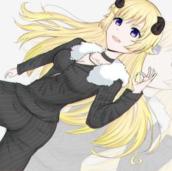 Rule 34 | absurdres, asutoia, black suit, blonde hair, choker, collarbone, formal, grey background, highres, hololive, horns, jewelry, long hair, necklace, sheep girl, sheep horns, simple background, smile, suit, tsunomaki watame, virtual youtuber