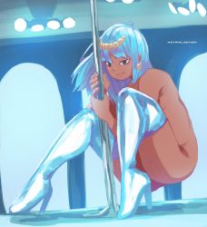 Rule 34 | 1boy, artist name, ass, astralseven, blue footwear, blue hair, boots, commentary, commission, copyright request, crossdressing, dark-skinned male, dark skin, earrings, english commentary, fingernails, from side, hair ornament, high heel boots, high heels, highres, jewelry, long hair, looking at viewer, male focus, nail polish, nude, pink nails, pole, smile, stage lights, stripper, stripper pole, trap