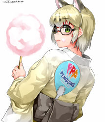 Rule 34 | 10s, 1girl, 2017, animal ears, blonde hair, cat ears, cotton candy, dated, extra ears, food, food on face, from behind, glasses, green eyes, hand fan, happa (cloverppd), holding, japanese clothes, kemono friends, kimono, long sleeves, looking at viewer, looking back, margay (kemono friends), obi, paper fan, sash, short hair, signature, simple background, skewer, solo, uchiwa, upper body, white background, yukata