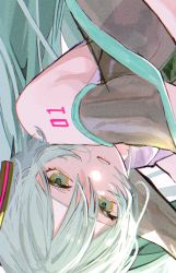 Rule 34 | 1girl, aqua eyes, aqua hair, bare shoulders, detached sleeves, hair ornament, hatsune miku, highres, long hair, looking at viewer, open mouth, simple background, solo, sushineko8, twintails, upper body, upside-down, vocaloid, white background