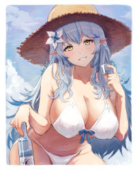 Rule 34 | 1girl, alcohol, bikini, blue hair, blue sky, blush, bottle, breasts, cleavage, cloud, commentary, cup, drinking glass, flower, full-face blush, hair flower, hair ornament, half updo, hanging breasts, hasu no ha, hat, highres, holding, holding bottle, holding cup, hololive, large breasts, long hair, pointy ears, sake, shot glass, sky, solo, straw hat, sweat, swimsuit, virtual youtuber, white bikini, yellow eyes, yukihana lamy