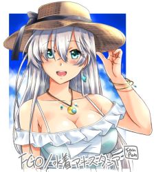 Rule 34 | 1girl, anastasia (fate), anastasia (swimsuit archer) (fate), anastasia (swimsuit archer) (first ascension) (fate), blue eyes, bracelet, breasts, dress, earrings, fate/grand order, fate (series), hat, jewelry, large breasts, long hair, pendant, san-pon, signature, silver hair, single earring, straw hat, sundress