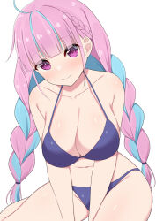 Rule 34 | 1girl, ahoge, bare arms, bare legs, bare shoulders, bikini, blue bikini, blue hair, blue ribbon, blunt bangs, blush, braid, breasts, cleavage, closed mouth, collarbone, colored inner hair, hair ribbon, highres, hololive, large breasts, legs, light blue hair, long bangs, long hair, looking at viewer, minato aqua, multicolored hair, navel, pink eyes, pink hair, raised eyebrows, ribbon, simple background, sitting, smile, solo, stomach, streaked hair, string bikini, swimsuit, thighs, twin braids, twintails, two-tone hair, v arms, virtual youtuber, white background, yokozuwari