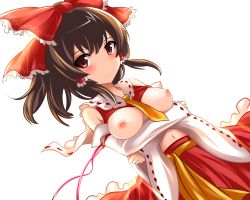 Rule 34 | 1girl, bad id, bad nijie id, bare shoulders, blush, bow, breasts, brown hair, clothes lift, detached sleeves, female focus, hair bow, hair tubes, hakurei reimu, highres, long hair, looking at viewer, navel, nipples, red eyes, shirt lift, simple background, skirt, solo, touhou, white background, yoshimo