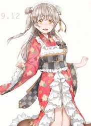 Rule 34 | 10s, 1girl, :d, absurdres, blush, bow, clenched hands, dated, floral print, flower, free style (yohan1754), frills, grey hair, hair flower, hair ornament, hairclip, highres, japanese clothes, kimono, lace, long hair, looking at viewer, love live!, love live! school idol festival, love live! school idol project, maid headdress, minami kotori, obi, one side up, open mouth, sash, simple background, smile, solo, tassel, white background, wide sleeves, yellow eyes