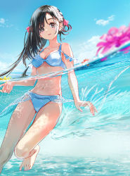 Rule 34 | 1girl, bare shoulders, barefoot, bikini, black eyes, black hair, character request, copyright request, dragon, flower, highres, looking at viewer, mole, mole under eye, navel, partially submerged, partially underwater shot, sky, swimming, swimsuit, tiv, underwater, water