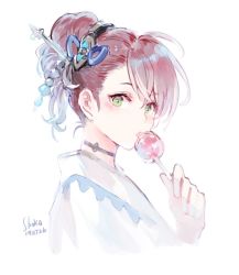 Rule 34 | 1girl, alternate costume, alternate hairstyle, beatrix (granblue fantasy), brown hair, candy apple, choker, dated, food, granblue fantasy, green eyes, hair between eyes, hair ornament, hairpin, licking, looking at viewer, mesme, ponytail, signature, solo, white background