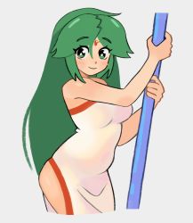 Rule 34 | 1girl, bare shoulders, blush, breasts, closed mouth, cropped legs, green eyes, green hair, grey background, highres, holding, kid icarus, long hair, looking at viewer, medium breasts, nintendo, palutena, shiny skin, simple background, smile, solo, very long hair, xeno (xenoglitch)