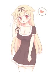 Rule 34 | 1girl, black dress, black ribbon, blonde hair, blush, breasts, brown eyes, cleavage, commentary request, dress, hair flaps, hair ornament, hair ribbon, hairclip, hand up, heart, kantai collection, long hair, medium breasts, open mouth, puffy short sleeves, puffy sleeves, ribbon, sakurato ototo shizuku, short sleeves, simple background, solo, spoken heart, thighhighs, very long hair, white background, white thighhighs, yuudachi (kancolle)