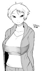 Rule 34 | 1girl, arms behind back, breasts, casual, collarbone, dated, greyscale, hood, hoodie, huge breasts, looking at viewer, monochrome, open clothes, open hoodie, original, pants, short hair, smile, solo, sweater, tsukudani (coke-buta), tsurime, tsurime-chan, v-neck