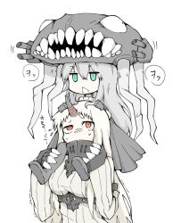 Rule 34 | 10s, 2girls, :&lt;, abyssal ship, aqua eyes, carrying, claws, detached sleeves, gloves, horns, jza80, kantai collection, long hair, multiple girls, red eyes, seaport princess, shoulder carry, single horn, sweat, tentacles, white hair, wo-class aircraft carrier, xenon (kona-card)