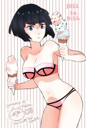 Rule 34 | 10s, 1girl, bare arms, bare legs, bare shoulders, bikini, black hair, blue eyes, bob cut, breasts, cleavage, copyright name, english text, female focus, food, german text, highres, holding, holding food, ice cream, kill la kill, kiryuuin satsuki, leaning, leaning forward, legs, navel, neck, nervous, omame (syuphong), pink bikini, short hair, solo, spoilers, standing, strapless, strapless bikini, striped, striped background, sweat, swimsuit