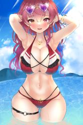 Rule 34 | 1girl, absurdres, armpits, arms behind head, arms up, beach, bikini, blush, bracelet, breasts, cleavage, cloud, collarbone, day, earrings, eyewear on head, fang, hair down, heart, heart earrings, heart necklace, heterochromia, highres, hololive, houshou marine, island, jewelry, large breasts, long hair, looking at viewer, navel, necklace, o-ring, o-ring thigh strap, ocean, open mouth, outdoors, red bikini, red eyes, red hair, sky, smile, solo, standing, swimsuit, teeth, thigh strap, thighs, virtual youtuber, water, wet, wide hips, yellow eyes, zyunsei777