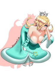 Rule 34 | 1girl, absurdres, armpit crease, armpit peek, artist name, awesomeerix, bare shoulders, bent over, blonde hair, blue dress, blue eyes, blush, breasts, bright pupils, cleavage, collarbone, crown, dress, earrings, eyelashes, full body, hair over one eye, hand in own hair, hand on own knee, hand up, high heels, highres, jewelry, large breasts, lips, long dress, long hair, looking at viewer, mario (series), nail polish, nintendo, off-shoulder dress, off shoulder, open mouth, pink lips, purple nails, rosalina, shadow, silver footwear, simple background, solo, star-shaped pupils, star (symbol), star earrings, star print, super mario galaxy, symbol-shaped pupils, teeth, twitter username, upper teeth only, white background, white pupils, wide sleeves