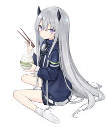 Rule 34 | 1girl, :t, blush, bowl, chopsticks, commentary request, eating, food, from side, hair between eyes, highres, holding, holding chopsticks, holding food, horns, jacket, long hair, long sleeves, looking at viewer, looking to the side, no shoes, original, poco (asahi age), purple eyes, rice, rice bowl, silver hair, simple background, sitting, socks, solo, very long hair, wariza, white background, white socks