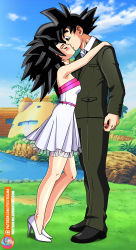 Rule 34 | 1boy, 1girl, absurdres, alternate universe, bare shoulders, black hair, blush, breasts, caulifla, clothes pull, commission, dragon ball, dragon ball super, dress, formal, foxybulma, full body, height difference, hetero, high heels, highres, husband and wife, jacket, kiss, long sleeves, pants, pants pull, son goku, spiked hair, standing, strapless, white dress, white footwear