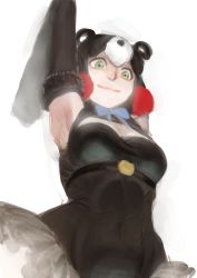 Rule 34 | 1girl, animal ears, armpits, arms up, bear ears, black hair, bow, bowtie, breasts, cleavage cutout, closed mouth, clothing cutout, colored inner hair, covered navel, elbow gloves, from below, gloves, green eyes, higumamon (kemono friends), kemono friends, kishida shiki, leotard, looking down, medium hair, multicolored hair, red hair, sketch, smile, solo, upper body, white hair