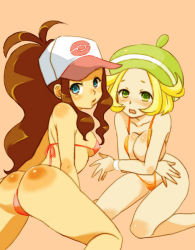 Rule 34 | 10s, 2girls, annoyed, artist request, ass, bare shoulders, baseball cap, beret, bianca (pokemon), bikini, blonde hair, blue eyes, breasts, brown hair, cleavage, covering privates, creatures (company), embarrassed, flat chest, game freak, green eyes, hat, hilda (pokemon), large breasts, long hair, looking back, multiple girls, nintendo, open mouth, pokemon, pokemon bw, ponytail, short hair, simple background, sitting, swimsuit