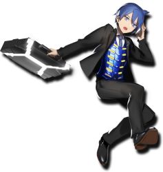 Rule 34 | 1boy, artist request, asaru vito, assault spy, bags under eyes, blue eyes, blue hair, briefcase, formal, full body, loafers, looking at viewer, male focus, necktie, official art, open mouth, phone, shoes, solo, spy, suit, talking on phone, teeth, transparent background, upper teeth only
