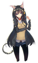 Rule 34 | 1girl, absurdres, animal ears, bell, belt, black hair, black pantyhose, cardigan vest, cat ears, cat tail, collar, cowboy shot, cropped legs, eyebrows, frown, green eyes, hair ornament, highres, hoshino (8679643), hoshino (illyasviel), jacket, jingle bell, pantyhose under shorts, long hair, looking at viewer, original, pantyhose, pantyhose under shorts, popped collar, short shorts, shorts, simple background, solo, tail, very long hair, white background