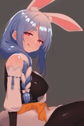 Rule 34 | 1girl, :q, absurdres, animal ear fluff, animal ears, apron, bare shoulders, black bodysuit, blue hair, blush, bodysuit, bodysuit under clothes, braid, breasts, detached sleeves, highres, hololive, large breasts, licking lips, long hair, looking at viewer, mature female, mingkozus, multicolored hair, pekomama, rabbit ears, rabbit girl, red eyes, short eyebrows, sideboob, smile, solo, tail, thick eyebrows, tongue, tongue out, two-tone hair, virtual youtuber, white apron, white hair