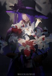 Rule 34 | 1boy, black hat, blood on flower, blue coat, bouquet, bow, coat, collared shirt, copyright name, flower, glassical (magical deathpair), hair over one eye, hat, hat bow, hat ribbon, holding, holding bouquet, lace bow, light particles, lily (flower), long hair, looking at viewer, magical deathpair, male focus, neck ribbon, official art, purple bow, purple hair, purple ribbon, red eyes, ribbon, shirt, sidelocks, smile, solo, two-sided fabric, two-sided headwear, white flower, white shirt, yatsunagi (oyasumi sumika)