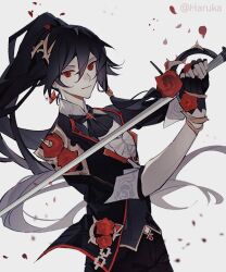 Rule 34 | 1girl, black gloves, black hair, black jacket, black pants, chinese commentary, closed mouth, commentary request, fingerless gloves, fu hua, fu hua (blood voivode), fu hua (shadow knight), gloves, grey background, grey vest, hair between eyes, haruka (rsyaooooo), highres, holding, holding sword, holding weapon, honkai (series), honkai impact 3rd, jacket, long hair, looking at viewer, pants, petals, ponytail, red eyes, saber (weapon), shirt, short sleeves, simple background, smile, solo, sword, twitter username, very long hair, vest, weapon, white shirt