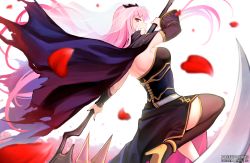 Rule 34 | 1girl, artist name, black nails, breasts, cape, detached sleeves, from behind, hololive, hololive english, large breasts, long hair, mori calliope, nail polish, petals, pink hair, pokey, red eyes, scythe, single thighhigh, thighhighs, torn cape, torn clothes, veil, virtual youtuber